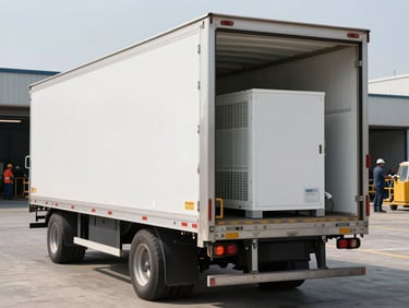 Daylight three-quarter rear view of a refrigerated reefer trailer at a loading dock, insulated panels and refrigeration unit clearly visible, dock workers in background operating equipment