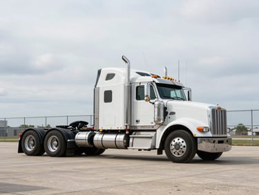 Wide daylight shot of a Peterbilt 579 on a commercial lot, passenger-side view showing full rig length, concrete apron and chain-link fence in background, overcast sky, no people present, tires and chrome exhaust stacks clearly visible