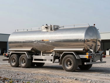 Daylight side-profile shot of a stainless steel tanker trailer parked on a gravel lot, tank shell and hatch details sharp, service bay visible in far background under flat industrial light