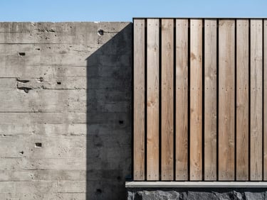 Straight-on architectural elevation of a raw concrete and timber join, hard directional natural light, casting crisp shadows, sharp focus.
