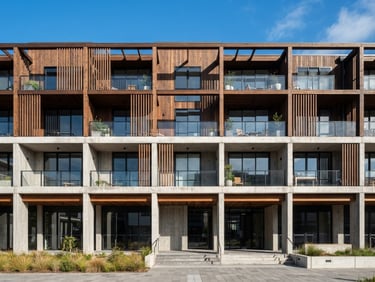 Straight-on architectural elevation of a concrete and timber structure, hard natural daylight casting crisp shadows, sharp focus, 50mm lens