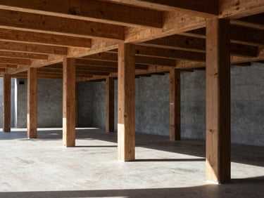 Interior of a modern pavilion with exposed heavy timber columns and beams, hard natural daylight casting deep shadows, sharp focus, 50mm lens