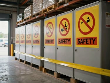 Safety signage boards and barrier tape stacked in a warehouse aisle, natural light from a loading bay, wide environmental framing