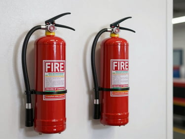 Fire extinguisher and emergency shower station against a white industrial wall, clean studio-quality lighting, safety equipment detail shot