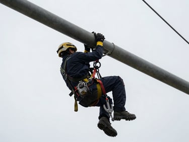 Worker in full harness clipped to an anchor point on a steel structure, shot from below under overcast daylight, technical framing showing equipment in use