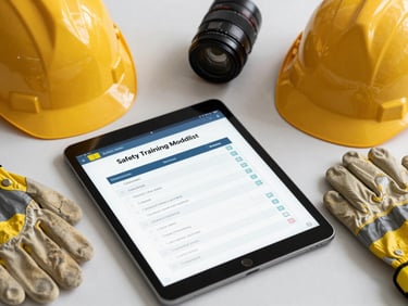Overhead shot of a tablet displaying a safety training module checklist on a clean desk, hard hat and safety gloves placed beside the device, studio lighting, technical environment