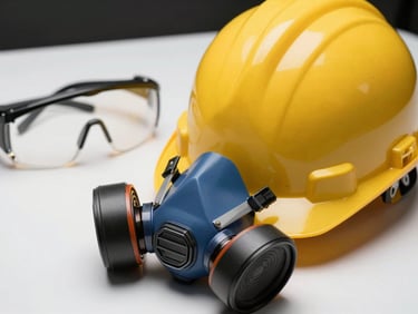 Close-up of a yellow hard hat, safety goggles and a dust respirator arranged on a white surface under clean studio lighting, equipment detail shot