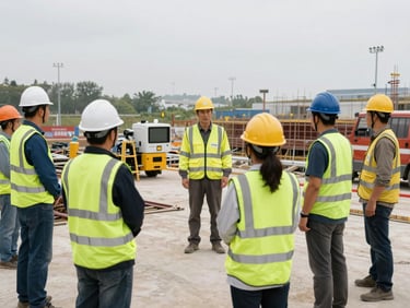 Wide shot of a safety trainer conducting a session directly on a construction site, workers in hard hats and high-visibility vests gathered around equipment, overcast natural daylight, industrial context
