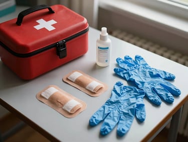 Open first aid kit with bandages, gloves and antiseptic laid on a work table under natural window light, overhead close-up framing
