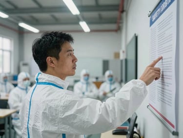 Close-up of an instructor standing at the front of a classroom, pointing to a safety regulation poster on the wall, workers in PPE seated in rows, industrial facility background, natural overhead light