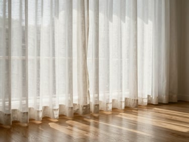 A beautifully lit, post-clean living room with soft linen curtains, pristine hardwood floors reflecting gentle morning shadows, and a clean minimalist aesthetic.