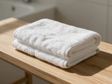 Close-up of a beautifully folded white linen towel resting on a clean, light oak bench in a serene, sunlit bathroom, soft morning light casting long shadows.
