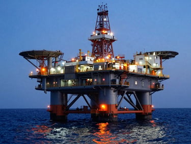 Wide environmental shot of an offshore oil platform at dusk, deep blue ocean, orange safety lights reflecting on steel structures, technical editorial style, 35mm