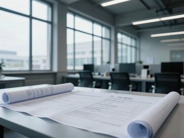A clean corporate legal office with architectural lines, daylight filtering through large windows, blueprints and compliance documents on a table, 35mm photography