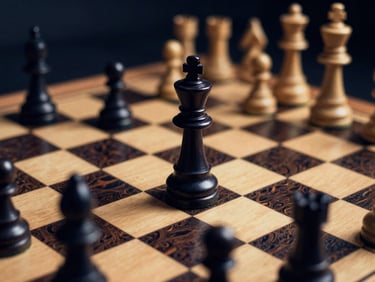 Close-up of a wooden chessboard with a critical endgame position, a single king and pawn, dramatic directional lighting, deep navy and gold tones, shallow depth of field, 35mm