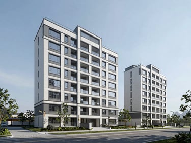 Clean structural facade of a newly constructed mid-rise residential complex, bright daylight, clear sky, asphalt road in foreground