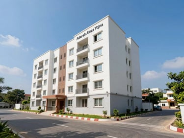 Clean residential building of Adarsh Awas Yojna under bright blue sky, neat roads and green surroundings