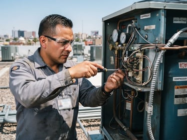 Close-up of a certified technician in a gray uniform calibrating a large commercial HVAC compressor on a bright sunny rooftop in Ciudad Juárez, sharp technical focus.