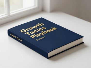 Isometric high-fidelity 3D book mockup of the Growth Tactics Playbook Sampler, clean editorial photography, soft natural window light, deep navy and warm gold accents, sharp focus, 35mm lens