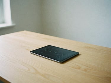 Clean minimalist workspace with a subtle financial chart on a tablet, soft shadows from a window, warm sand wood desk, professional atmosphere, 35mm film