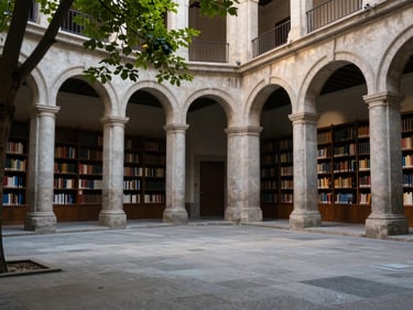 Atmospheric architectural shot of a quiet library courtyard in Madrid, soft afternoon daylight illuminating stone arches and green foliage, generous negative space.