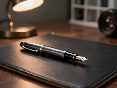 Cinematic close-up of a fountain pen resting on a dark leather desk pad, warm desk lamp lighting, blurred background showing structured office architecture, shallow depth of field.