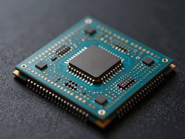 Macro high-contrast shot of physical silicon microchip architecture, sharp directional cyan lighting, shallow depth of field, dark obsidian background