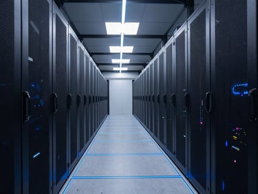 A wide panoramic architectural perspective of a clean dark data center corridor, thin neon blue light guides along the floor, mathematical precision.