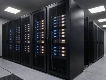 Wide panoramic architectural view of a dark modern server room, structured mathematical patterns of data rack lights, low-key directional lighting, sharp shadows