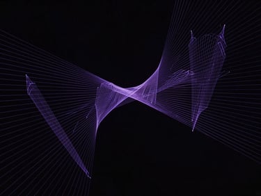 Abstract mathematical representation of structured data flows, precise thin-line geometric vector patterns on a deep black canvas, moody violet accents