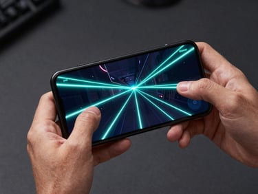 High-angle shot of hands holding an Android phone, thumbs executing precise maneuvers on a high-contrast cybernetic space-shooter game, neon teal laser trails illuminating the dark screen