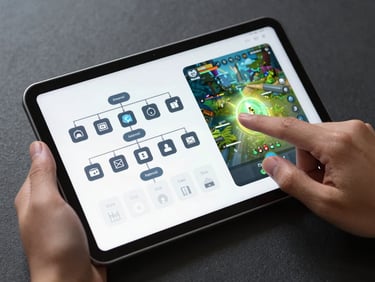 Top-down view of a hand interacting with a sleek Android tablet, showing a highly detailed vector diagram of app architecture transitioning into a live, glowing game interface.