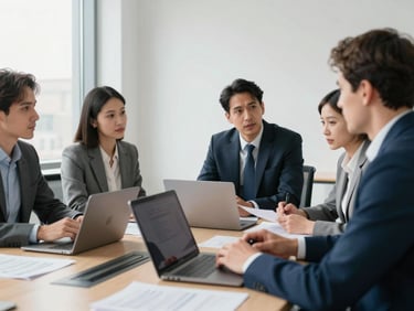 Medium shot of four professionals seated around a conference table in a bright modern office, mid-discussion over open laptops and printed documents, natural window light from the left, no one looking at camera, focus on engaged conversation