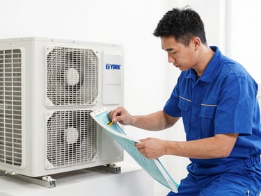 Técnico de HVAC en uniforme limpio realizando mantenimiento a una unidad minisplit York, con enfoque en la limpieza de filtros y revisión de componentes internos. Ambiente interior luminoso.