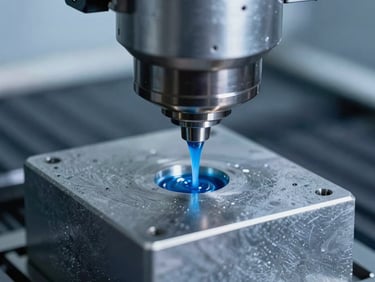 Close-up of a CNC milling machine carving a metallic block, cool blue coolant fluid spraying, sharp focus, technical lighting
