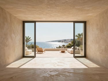 Straight-on architectural elevation of a sunlit Cannes living room, micro-cement floors, minimalist warm sand walls, large glass opening onto a terrace, bright Mediterranean daylight.