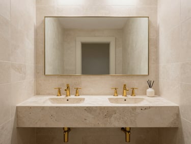 Architectural photography of a minimalist bathroom in Cannes, bespoke travertine vanity, brass fittings, perfect tile alignments, soft natural light.