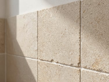 Close-up macro shot of premium large format stone tiles perfectly aligned in a bright modern bathroom, natural light