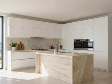 Bright open-plan kitchen in a Cannes penthouse, minimalist white cabinetry, warm sand stone island, bright Mediterranean daylight.