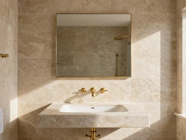 Straight-on architectural elevation of a sunlit luxury bathroom with perfect beige limestone tiling, brushed brass fixtures, warm natural light.