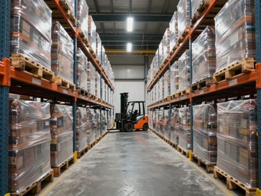 Wide environmental shot of a pallet racking aisle, pallets wrapped in stretch film stacked four levels high, forklift visible at far end of aisle, overhead industrial lighting, floor-level framing showing full scale of the installation