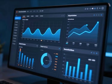 Macro shot of a high-fidelity dark-mode analytics dashboard displaying crisp KPI cards, glowing blue telemetry charts, and high-contrast data visualizations, cool-toned studio lighting, deep blue ambient backlighting.
