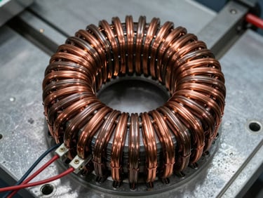 Close-up overhead shot of a rewound motor stator on a steel test bench, copper windings freshly lacquered, test leads clipped to terminals, work-light casting sharp shadows across the coil ends, no people
