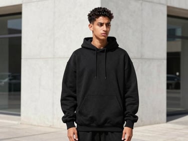 Sharp urban streetwear photography, young Moroccan model wearing a premium oversized black cotton hoodie, standing against a clean modern concrete wall in Casablanca, bright direct daylight, high-contrast vibrant colors, 35mm lens