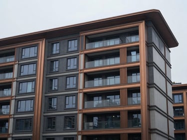 Modern high-end residential facade with bronze accents and clean structural lines, soft overcast daylight