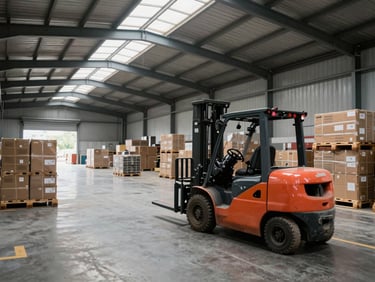 Wide-angle interior of a freight distribution centre, forklift moving pallets in middle distance, high warehouse ceiling with skylights, consistent overcast daylight, no dramatic shadows