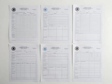 Overhead study of shipping and customs documentation — stamped manifests, compliance certificates, and import forms laid flat on a clean white surface, even diffused light
