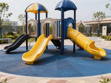 A modern, colorful outdoor children playground with safe rubber flooring, clean equipment, bright daylight, 35mm lens