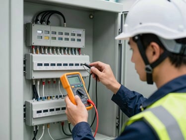Close-up of a professional engineer in a white helmet and high-visibility vest measuring voltage on a complex electrical control panel with a digital multimeter, bright clean industrial lighting, professional engineering photography.