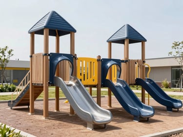 A modern outdoor playground structure with wooden beams and metal slides under bright natural daylight, clean and well-maintained facility, professional architectural framing with 35mm lens.